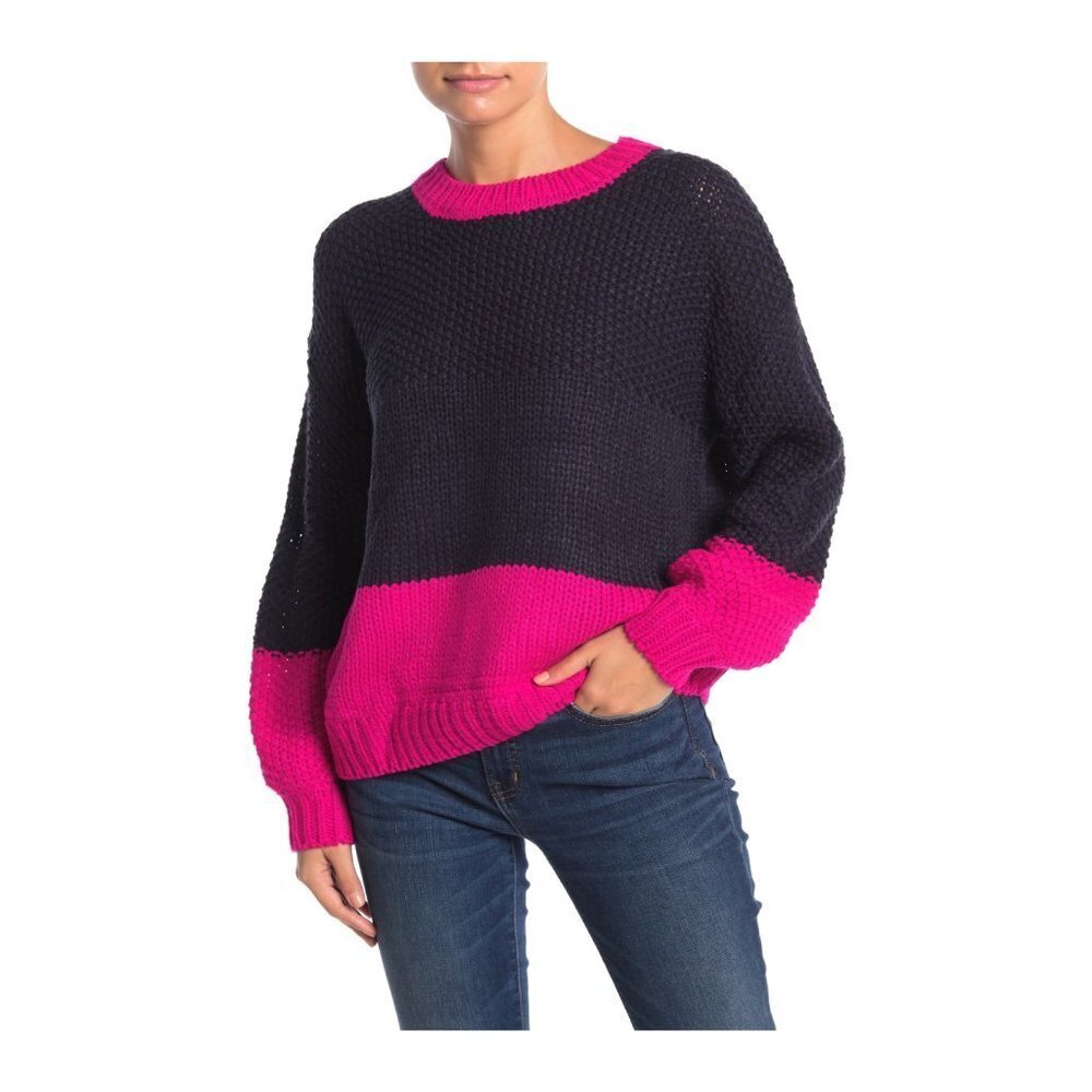 Elodie Navy Hot Pink Color Block Crew Neck Sweater Size M Chunky Knit Crewneck